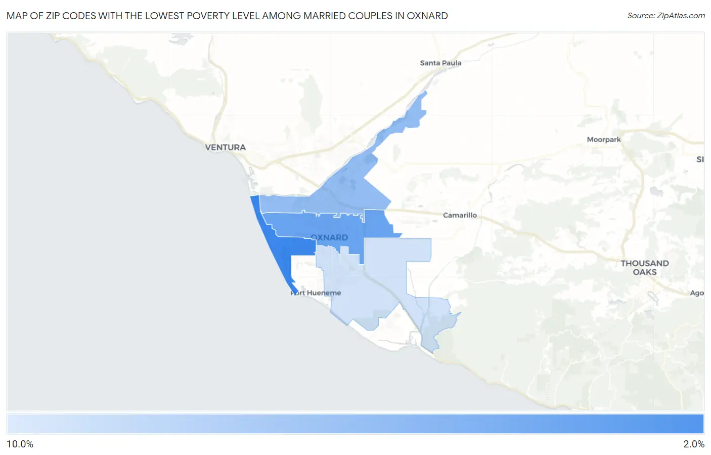 Zip Codes with the Lowest Poverty Level Among Married Couples in Oxnard Map