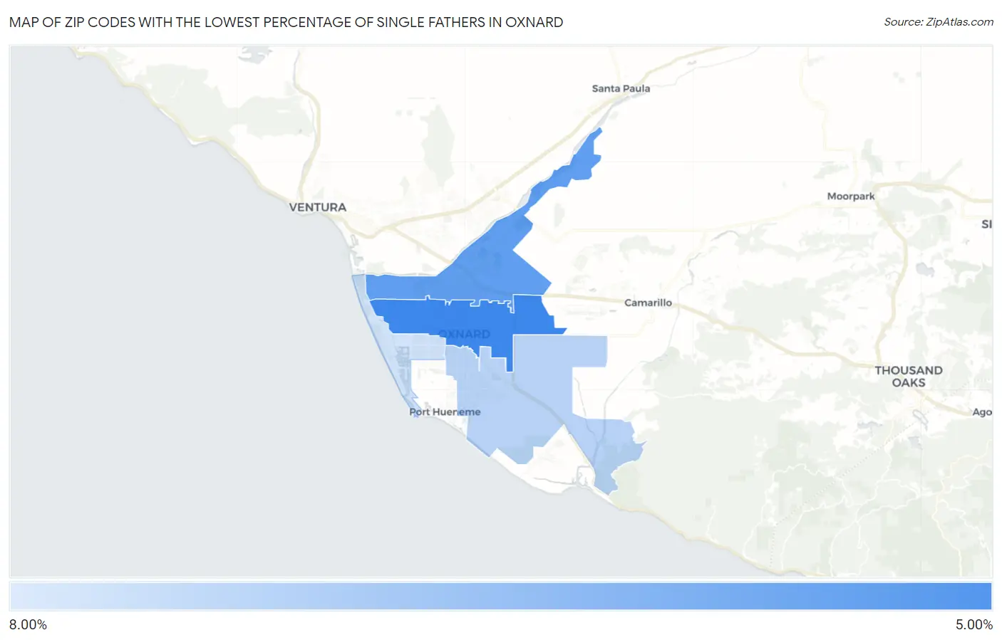 Zip Codes with the Lowest Percentage of Single Fathers in Oxnard Map