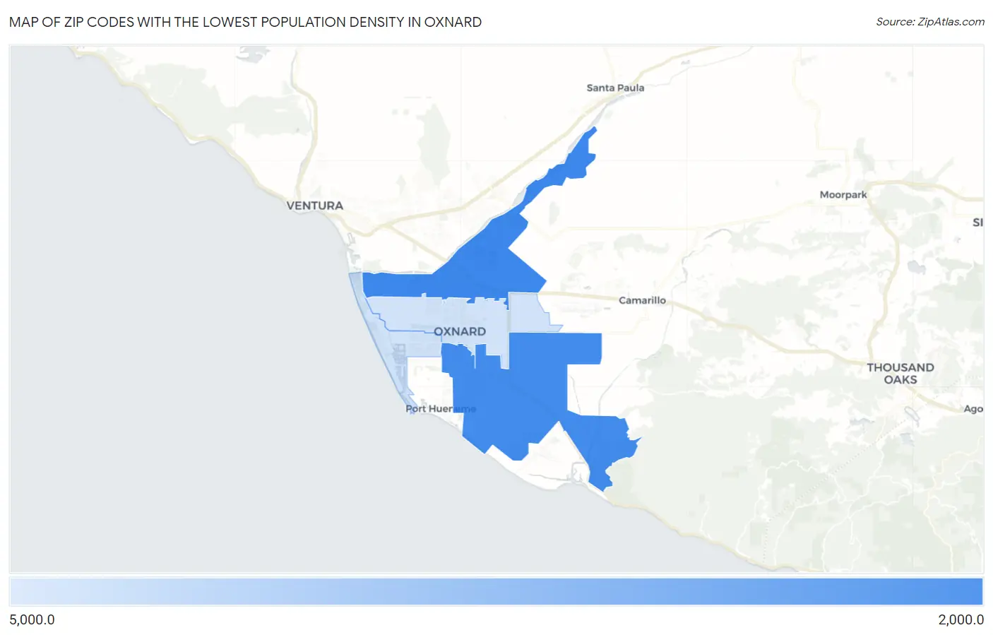 Zip Codes with the Lowest Population Density in Oxnard Map