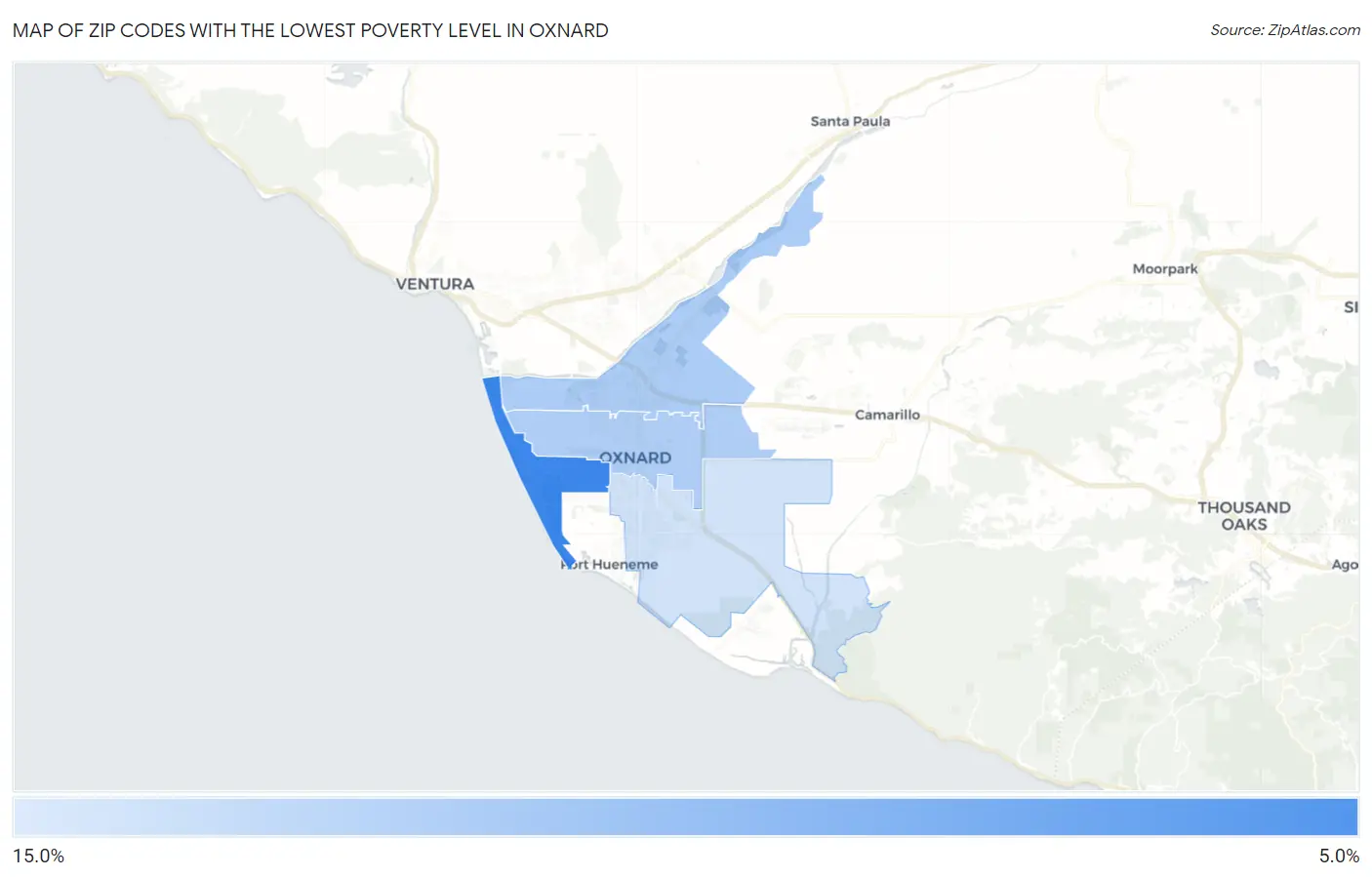 Zip Codes with the Lowest Poverty Level in Oxnard Map