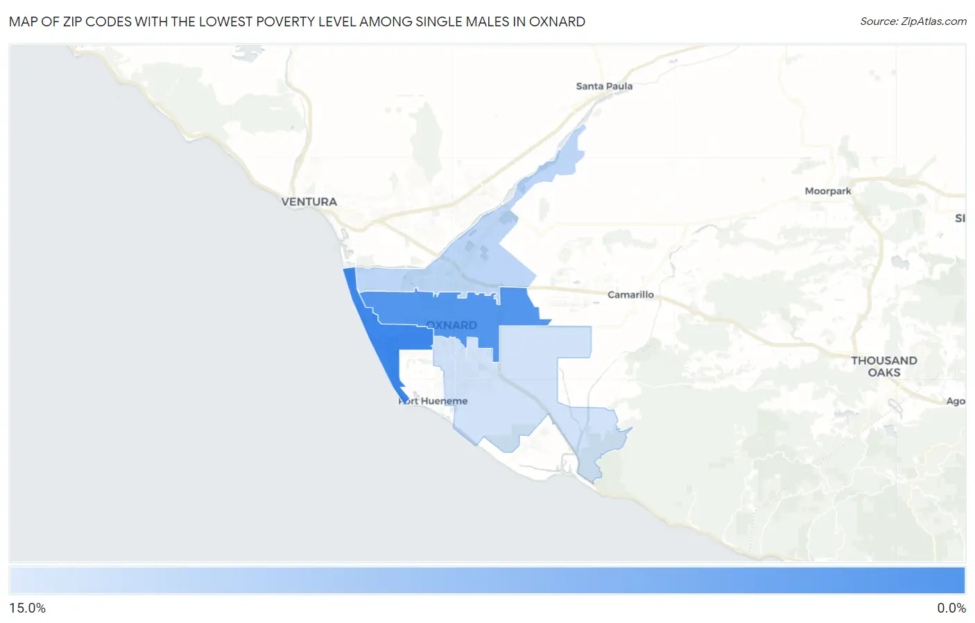 Zip Codes with the Lowest Poverty Level Among Single Males in Oxnard Map