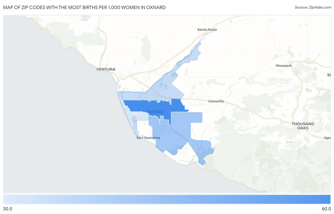Zip Codes with the Most Births per 1,000 Women in Oxnard Map
