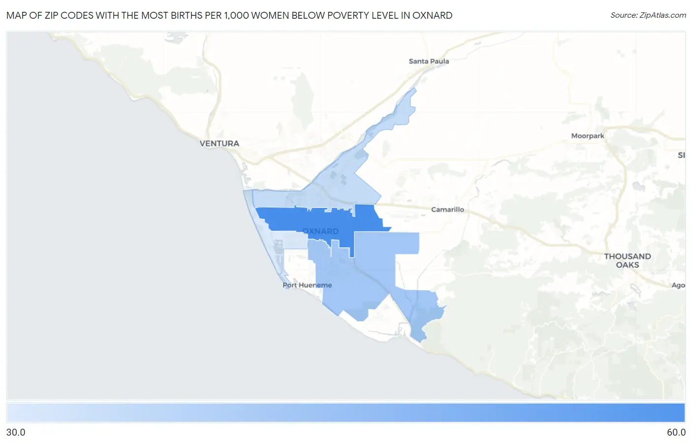 Zip Codes with the Most Births per 1,000 Women Below Poverty Level in Oxnard Map