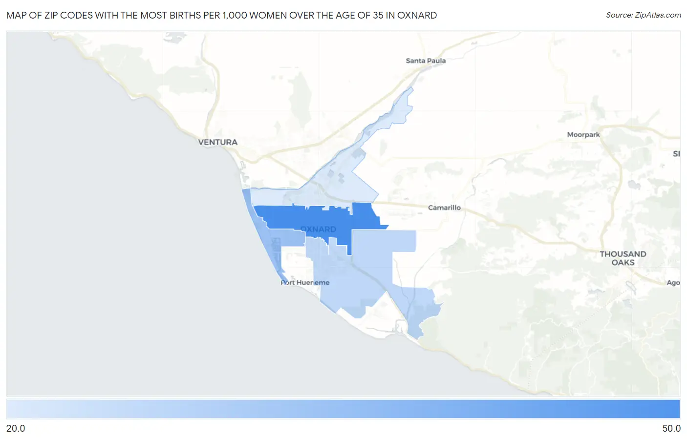 Zip Codes with the Most Births per 1,000 Women Over the Age of 35 in Oxnard Map