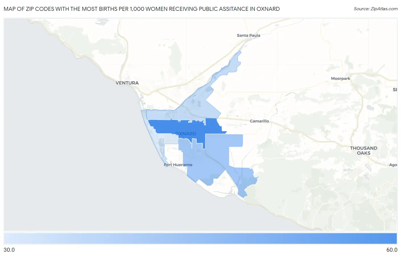 Zip Codes with the Most Births per 1,000 Women Receiving Public Assitance in Oxnard Map