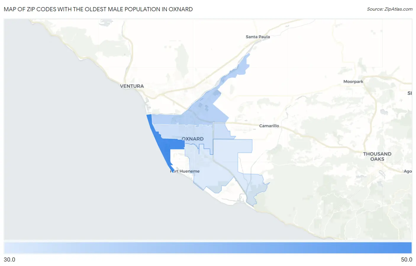 Zip Codes with the Oldest Male Population in Oxnard Map