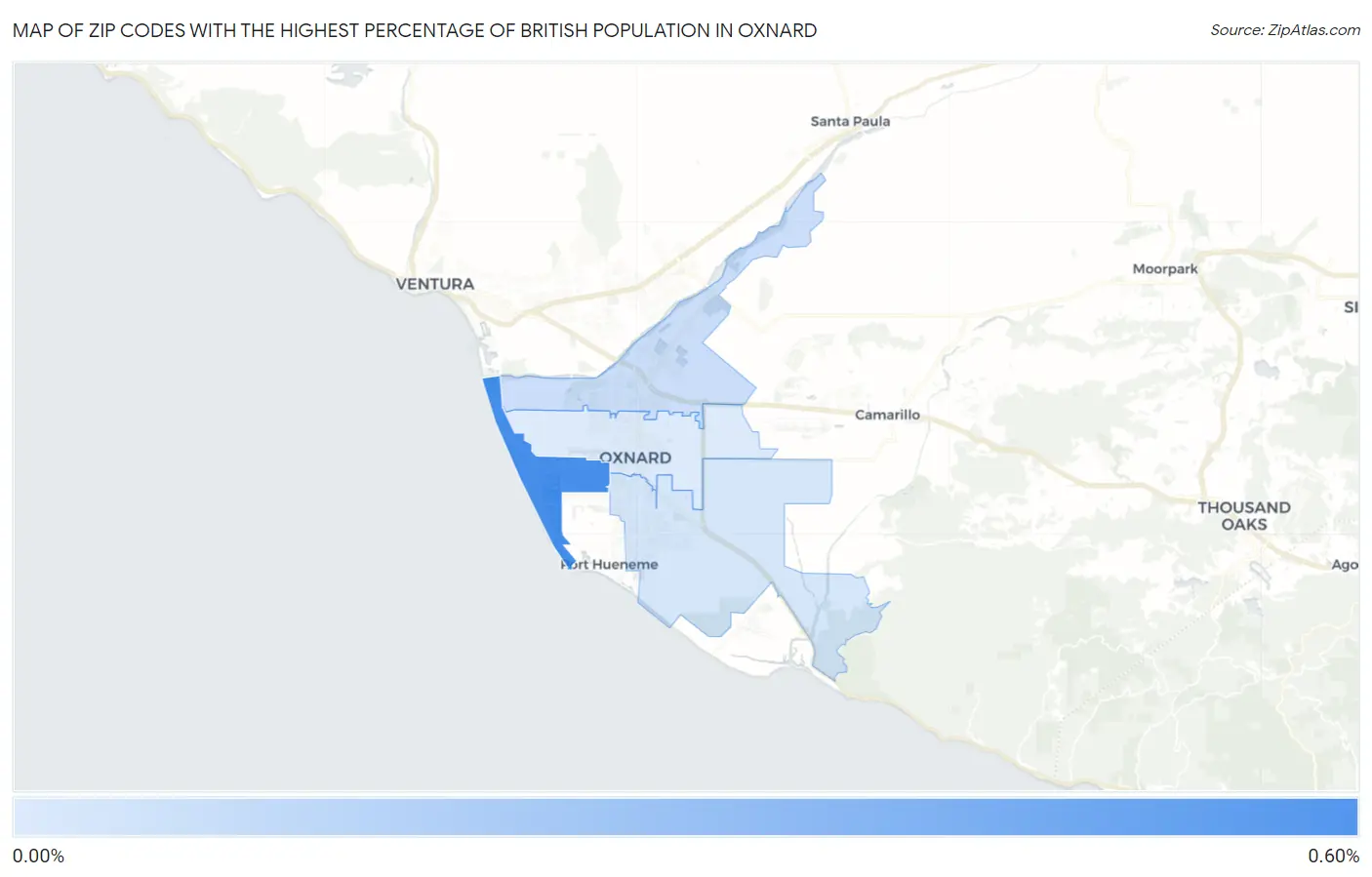 Zip Codes with the Highest Percentage of British Population in Oxnard Map