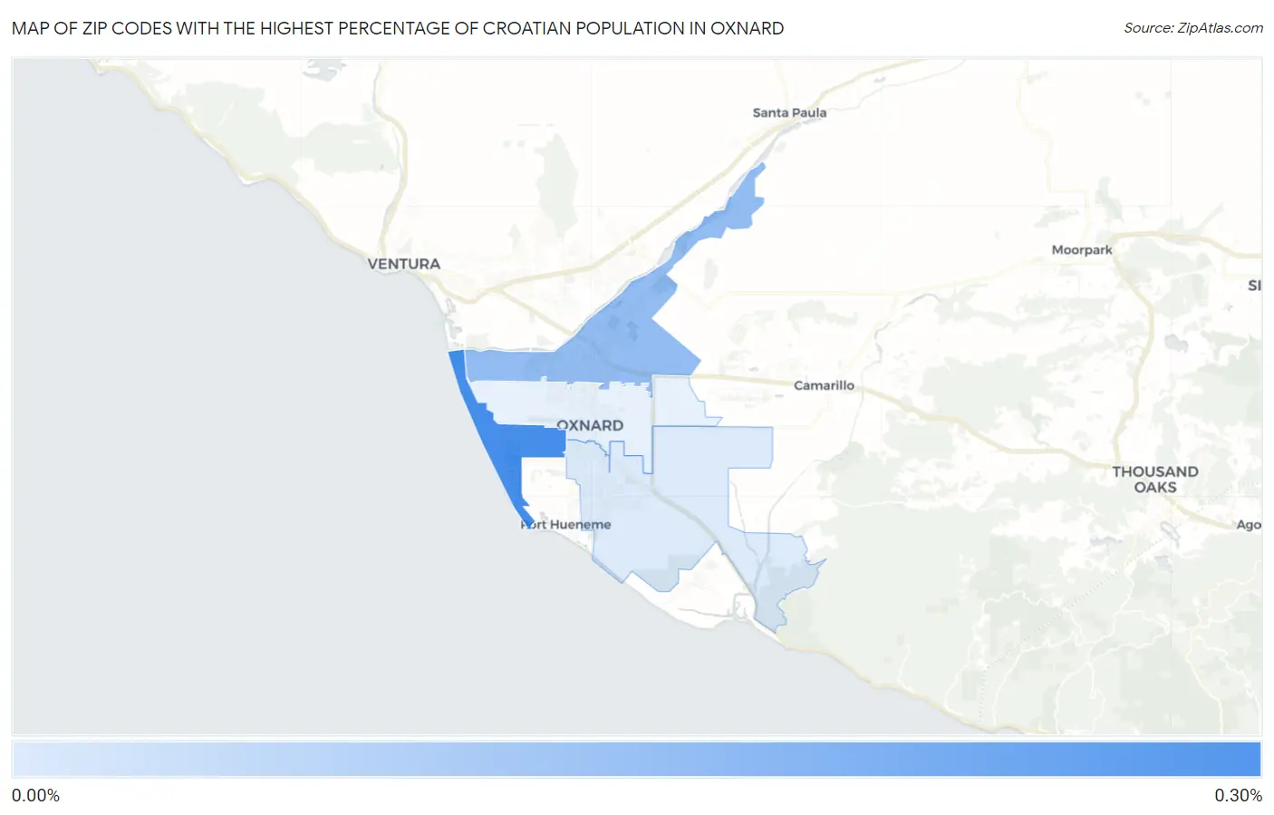 Zip Codes with the Highest Percentage of Croatian Population in Oxnard Map