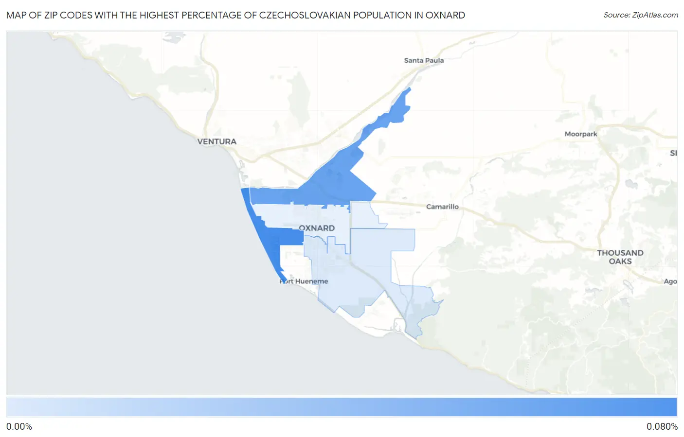 Zip Codes with the Highest Percentage of Czechoslovakian Population in Oxnard Map