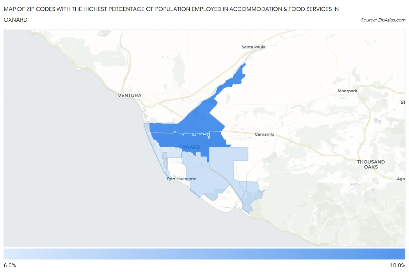Zip Codes with the Highest Percentage of Population Employed in Accommodation & Food Services in Oxnard Map