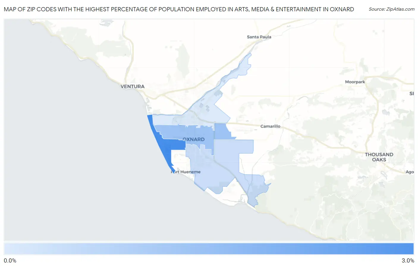 Zip Codes with the Highest Percentage of Population Employed in Arts, Media & Entertainment in Oxnard Map