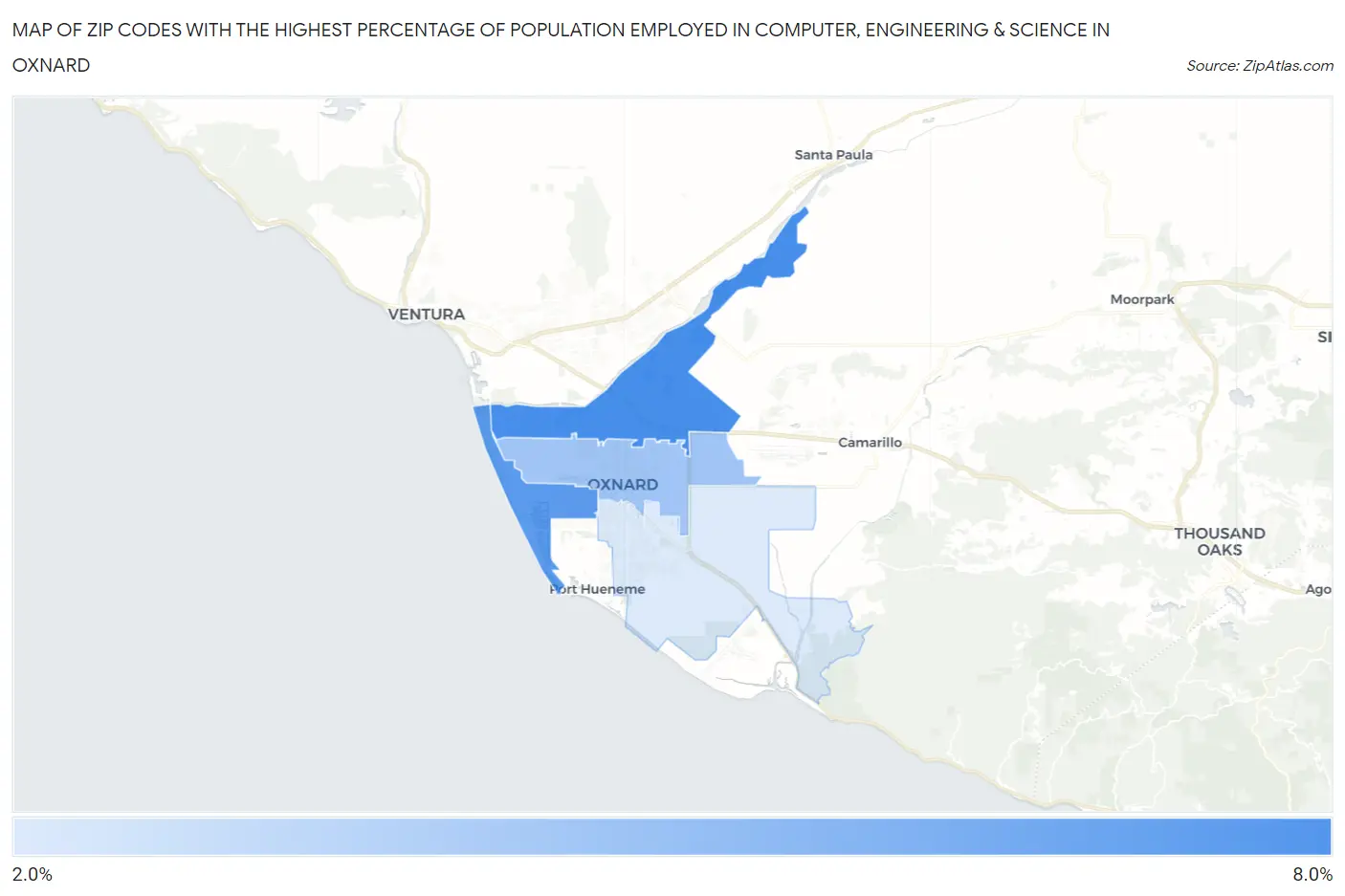 Zip Codes with the Highest Percentage of Population Employed in Computer, Engineering & Science in Oxnard Map