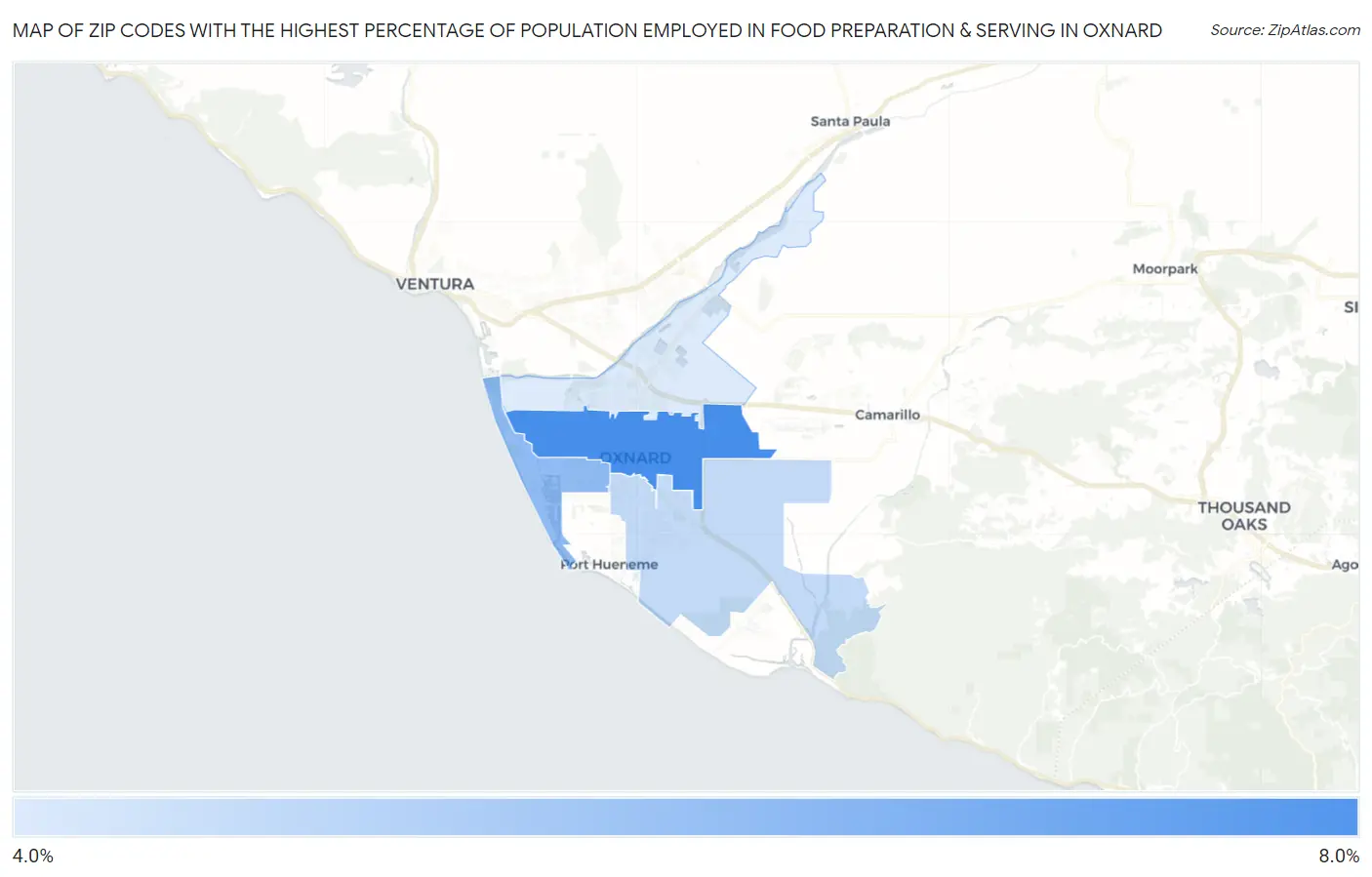 Zip Codes with the Highest Percentage of Population Employed in Food Preparation & Serving in Oxnard Map