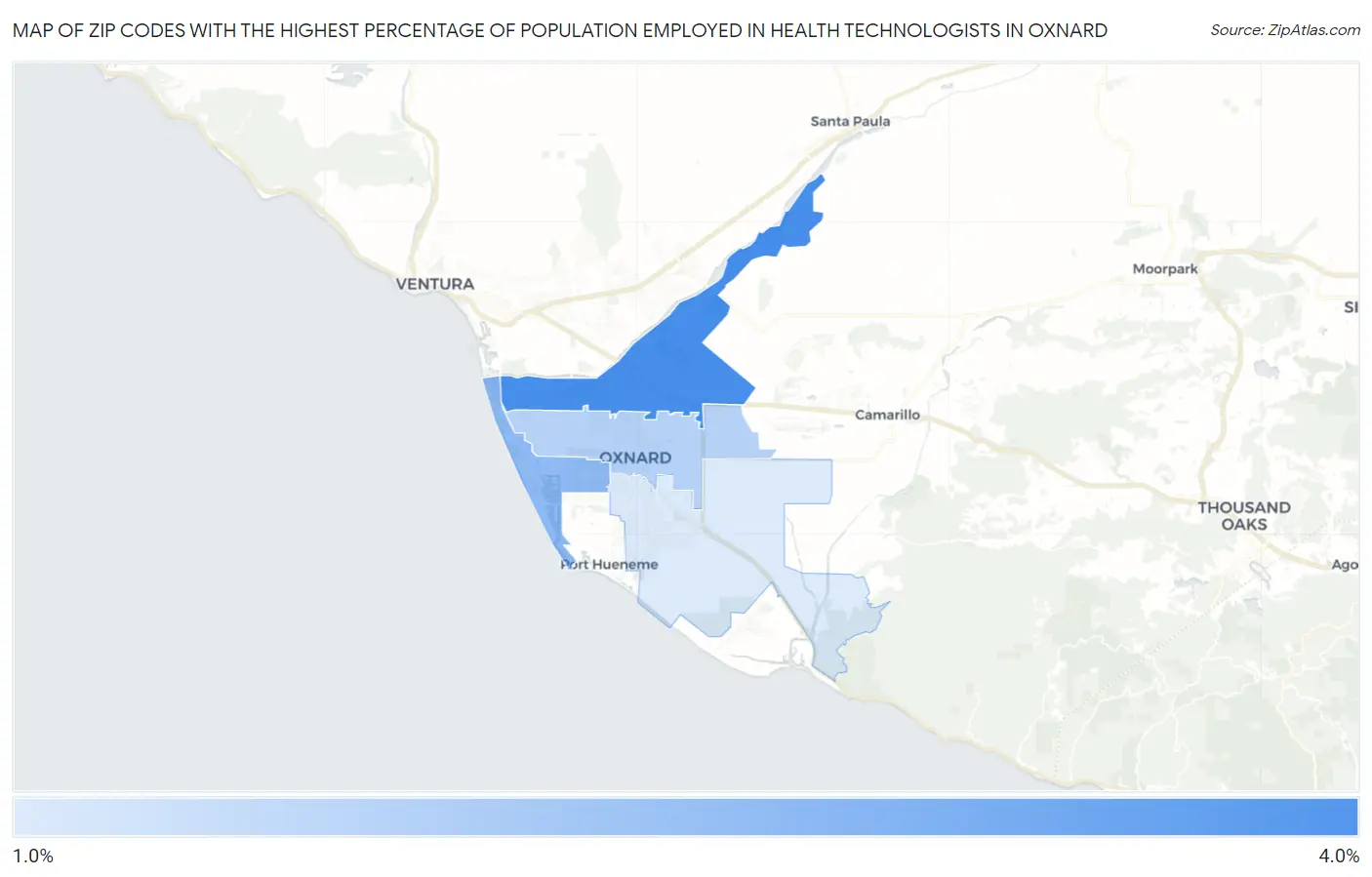 Zip Codes with the Highest Percentage of Population Employed in Health Technologists in Oxnard Map
