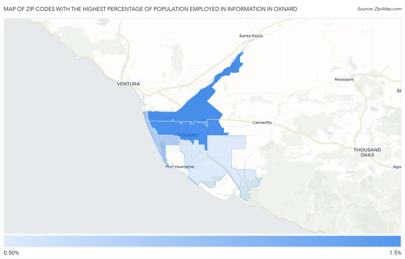Zip Codes with the Highest Percentage of Population Employed in Information in Oxnard Map