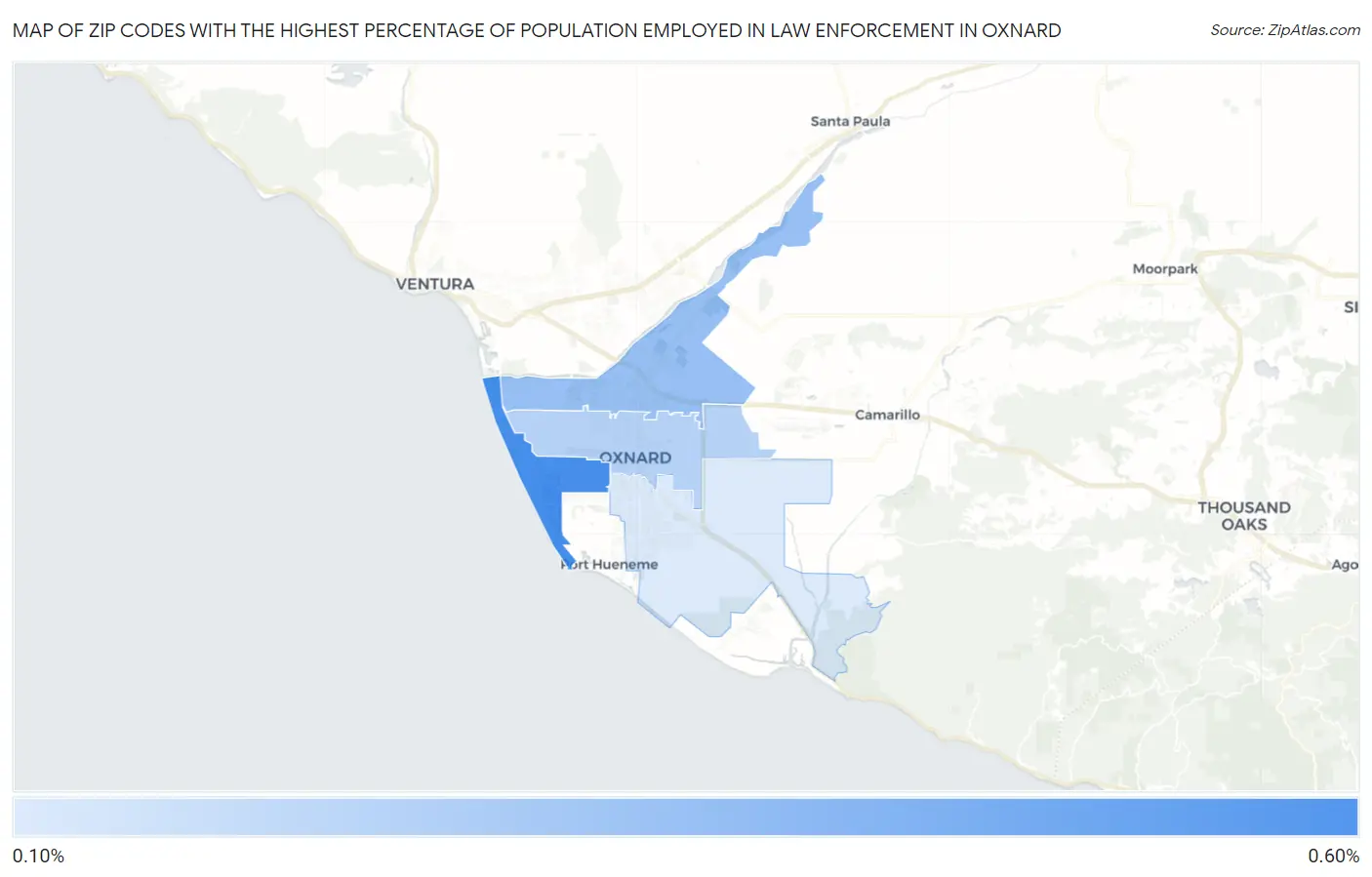 Zip Codes with the Highest Percentage of Population Employed in Law Enforcement in Oxnard Map