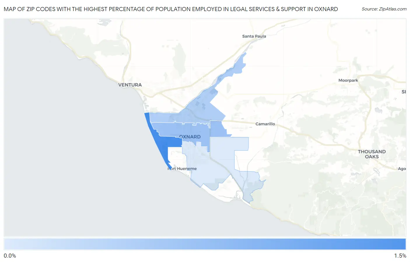Zip Codes with the Highest Percentage of Population Employed in Legal Services & Support in Oxnard Map