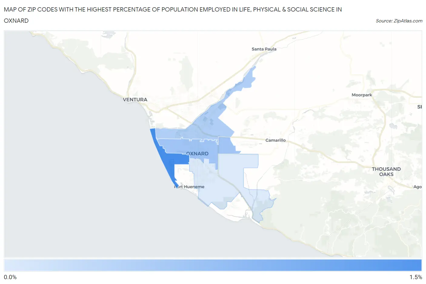 Zip Codes with the Highest Percentage of Population Employed in Life, Physical & Social Science in Oxnard Map