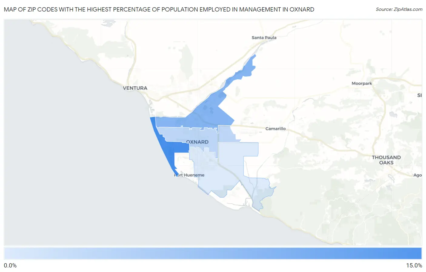 Zip Codes with the Highest Percentage of Population Employed in Management in Oxnard Map