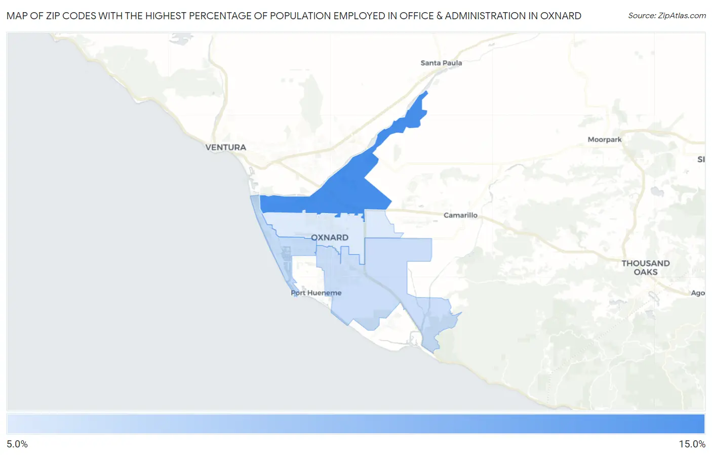 Zip Codes with the Highest Percentage of Population Employed in Office & Administration in Oxnard Map
