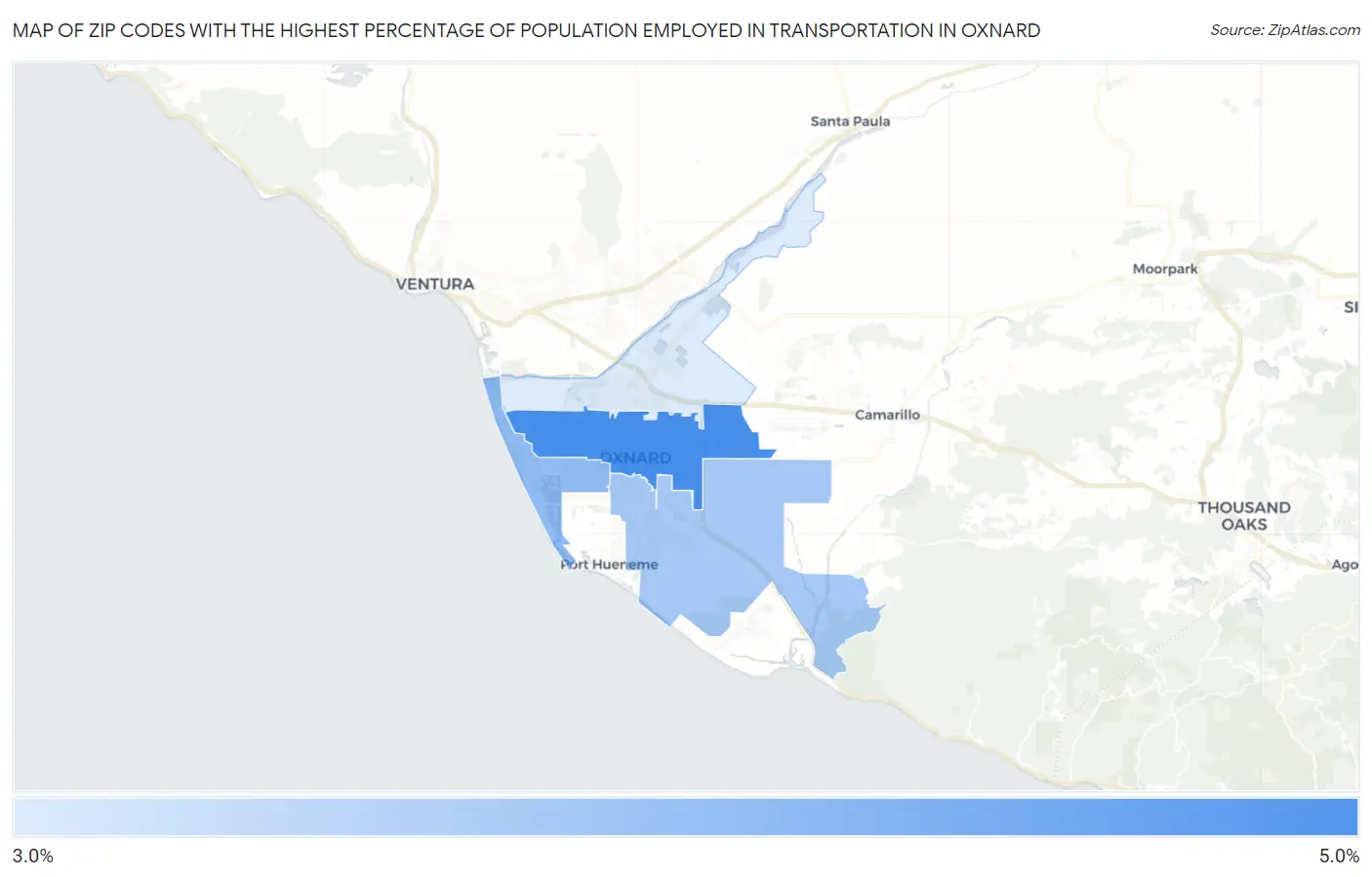 Zip Codes with the Highest Percentage of Population Employed in Transportation in Oxnard Map