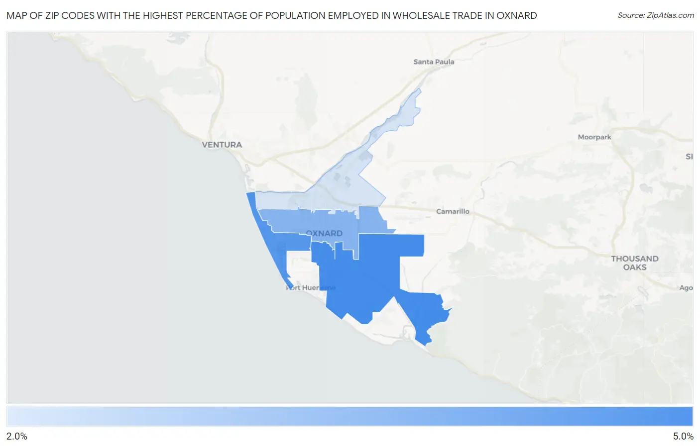 Zip Codes with the Highest Percentage of Population Employed in Wholesale Trade in Oxnard Map