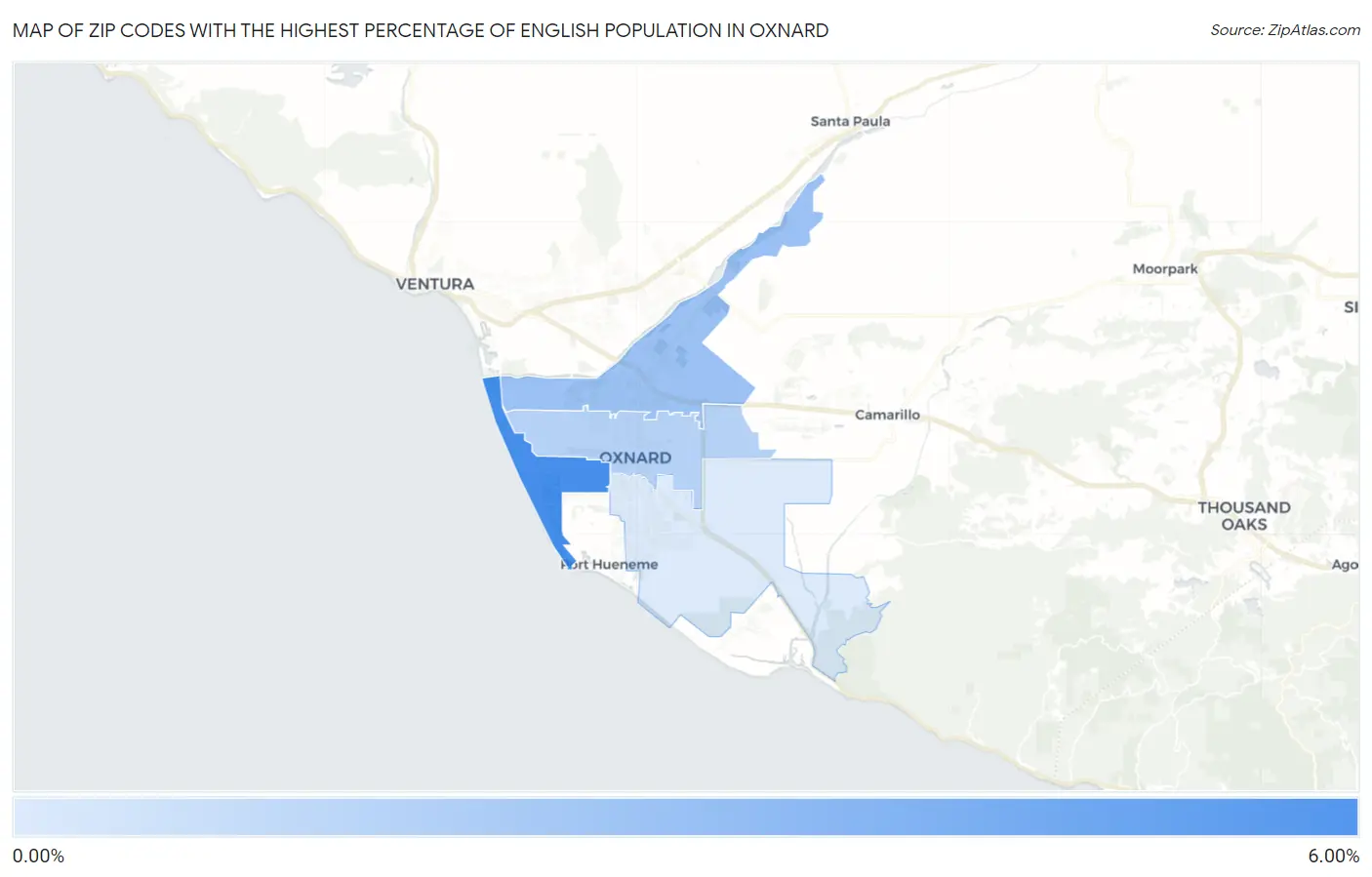 Zip Codes with the Highest Percentage of English Population in Oxnard Map