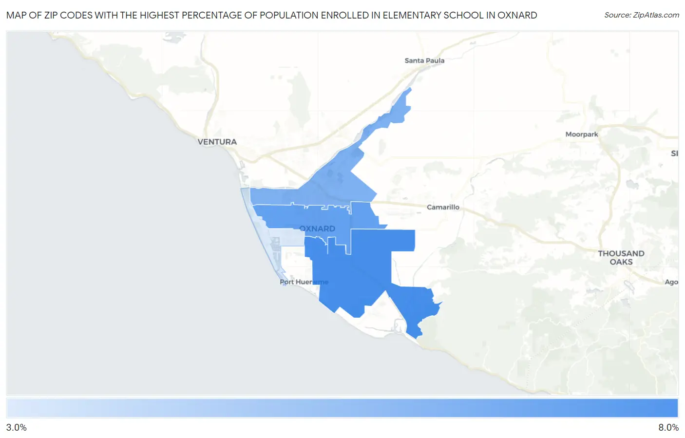 Zip Codes with the Highest Percentage of Population Enrolled in Elementary School in Oxnard Map