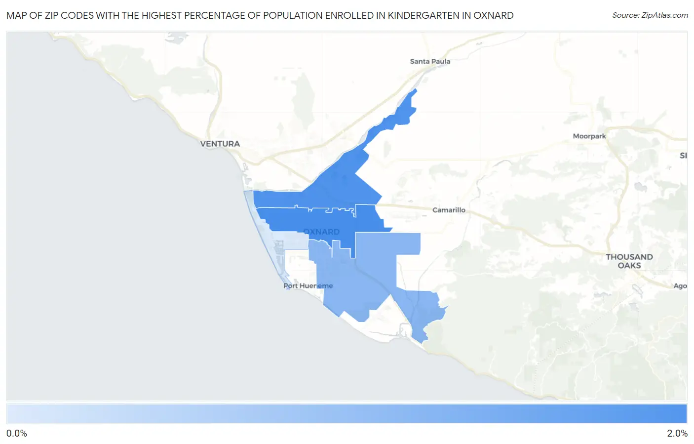 Zip Codes with the Highest Percentage of Population Enrolled in Kindergarten in Oxnard Map