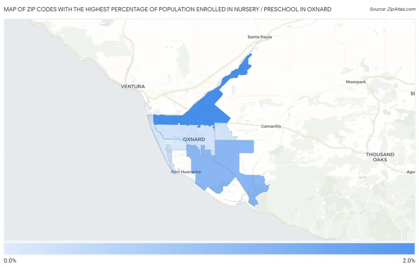 Zip Codes with the Highest Percentage of Population Enrolled in Nursery / Preschool in Oxnard Map