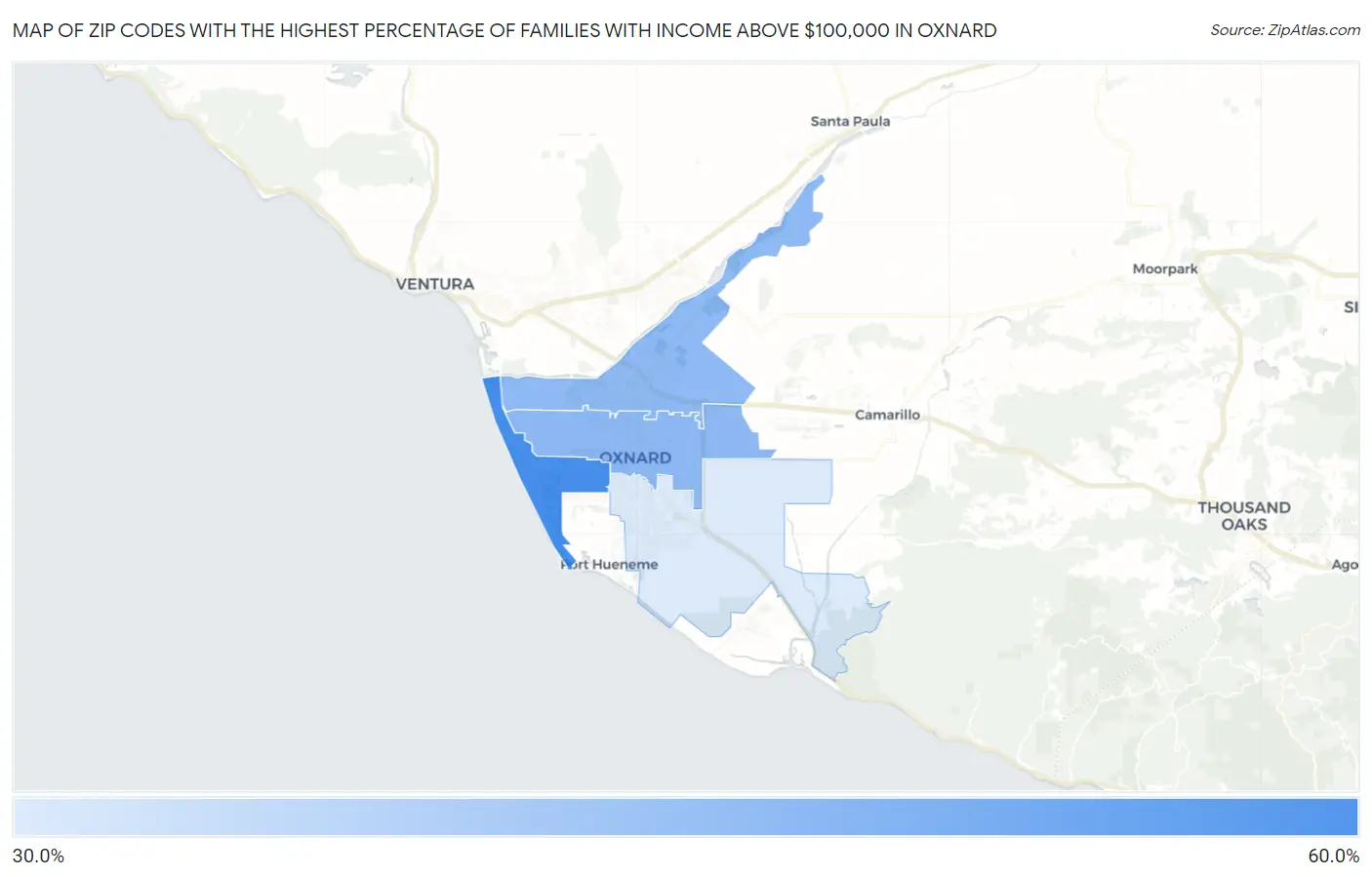 Zip Codes with the Highest Percentage of Families with Income Above $100,000 in Oxnard Map