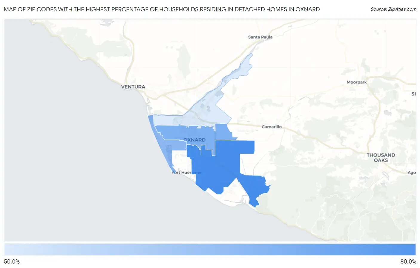 Zip Codes with the Highest Percentage of Households Residing in Detached Homes in Oxnard Map
