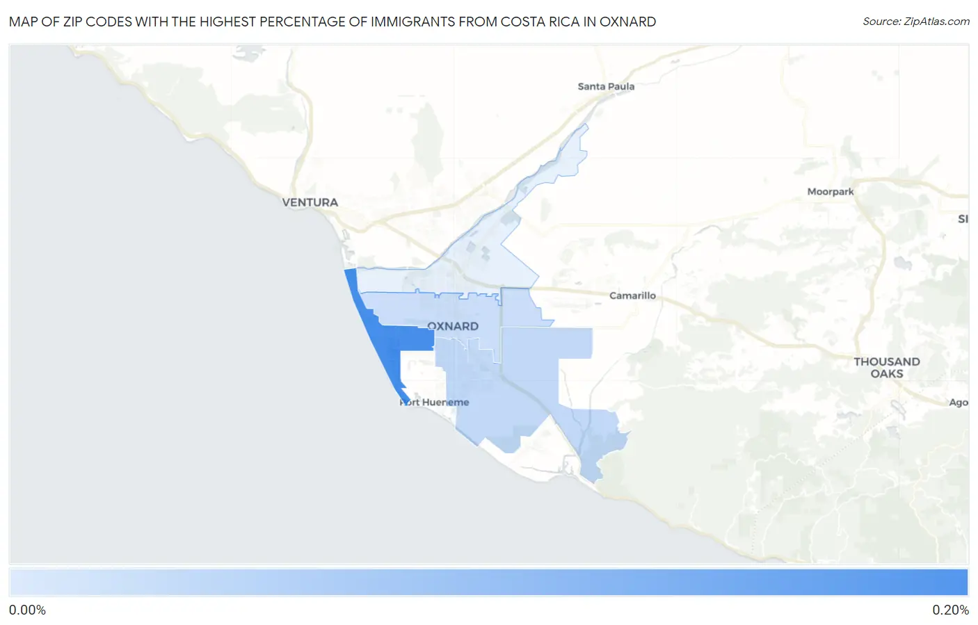 Zip Codes with the Highest Percentage of Immigrants from Costa Rica in Oxnard Map