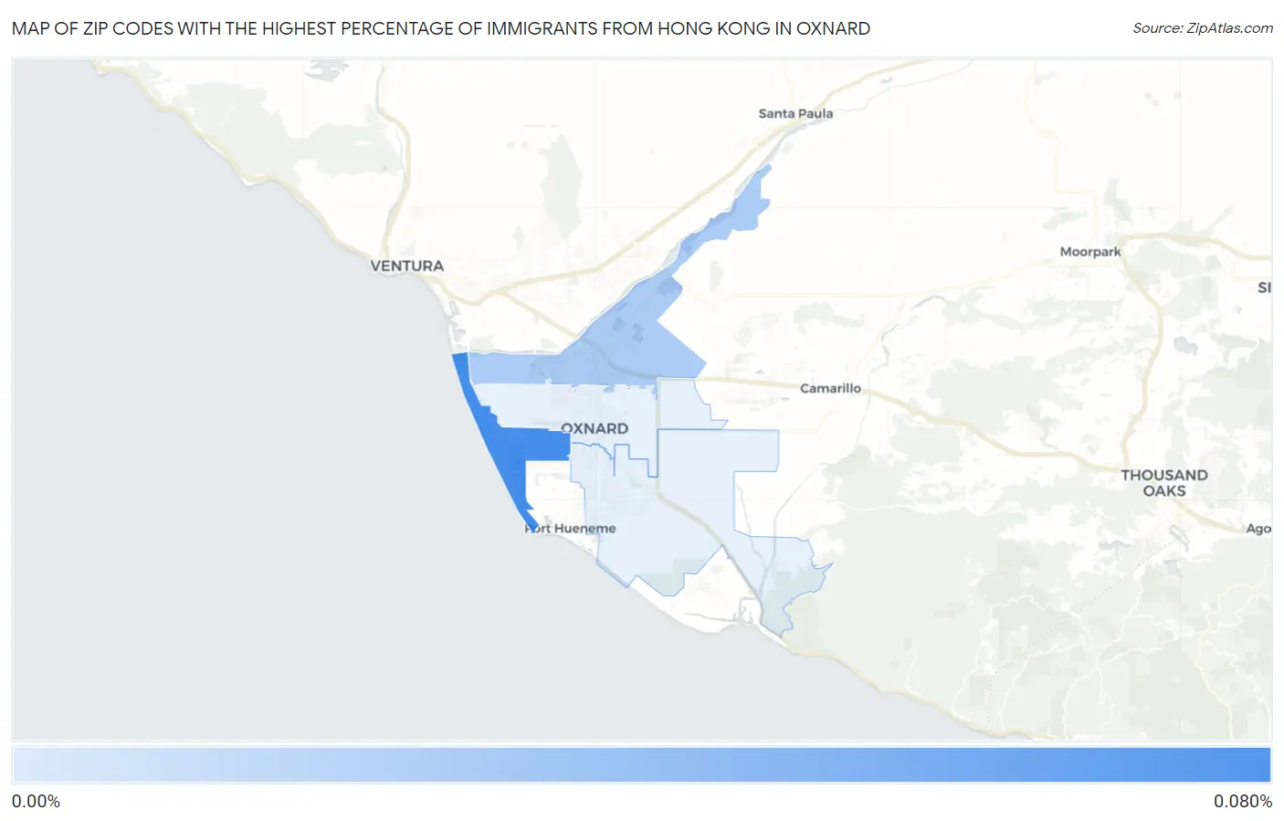 Zip Codes with the Highest Percentage of Immigrants from Hong Kong in Oxnard Map