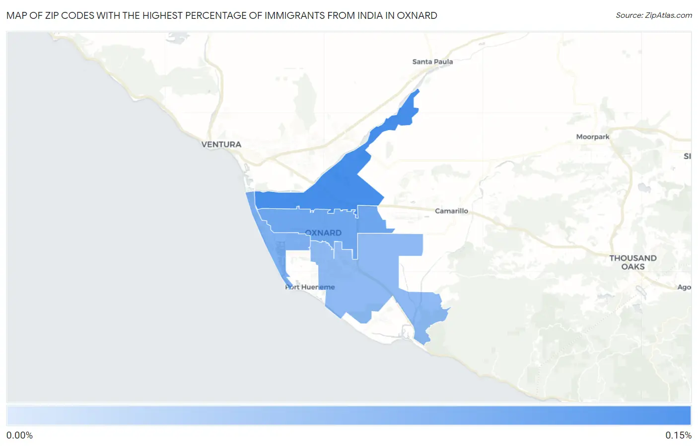 Zip Codes with the Highest Percentage of Immigrants from India in Oxnard Map