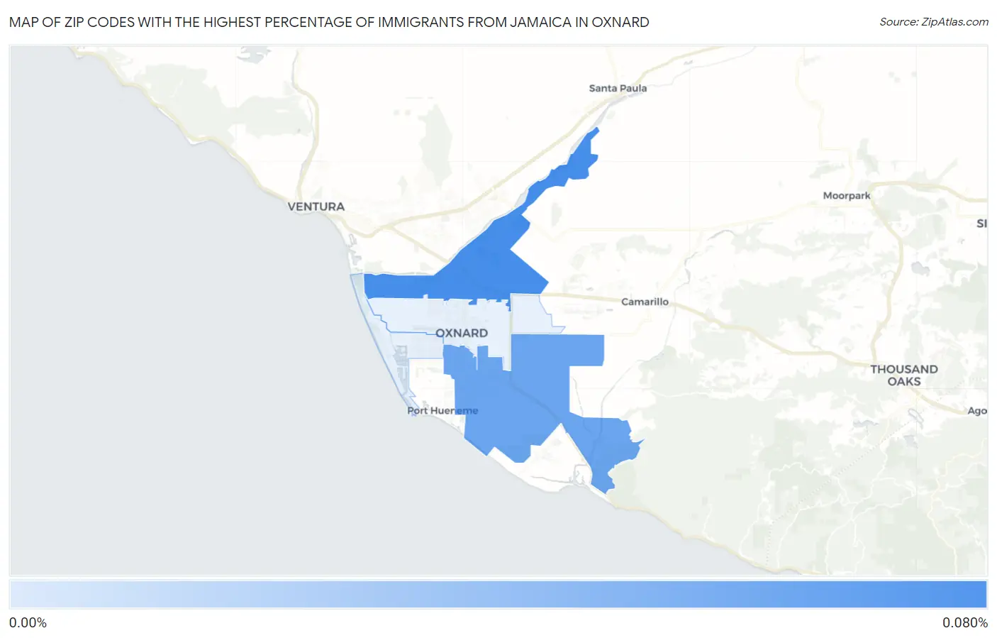 Zip Codes with the Highest Percentage of Immigrants from Jamaica in Oxnard Map