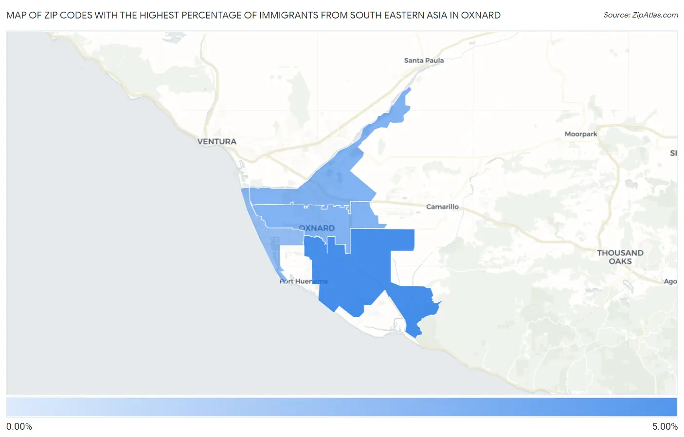 Zip Codes with the Highest Percentage of Immigrants from South Eastern Asia in Oxnard Map