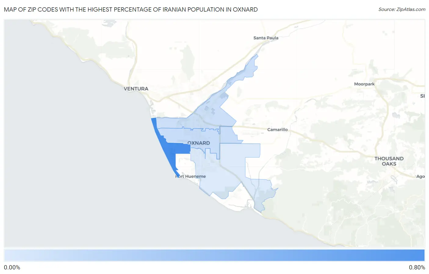 Zip Codes with the Highest Percentage of Iranian Population in Oxnard Map
