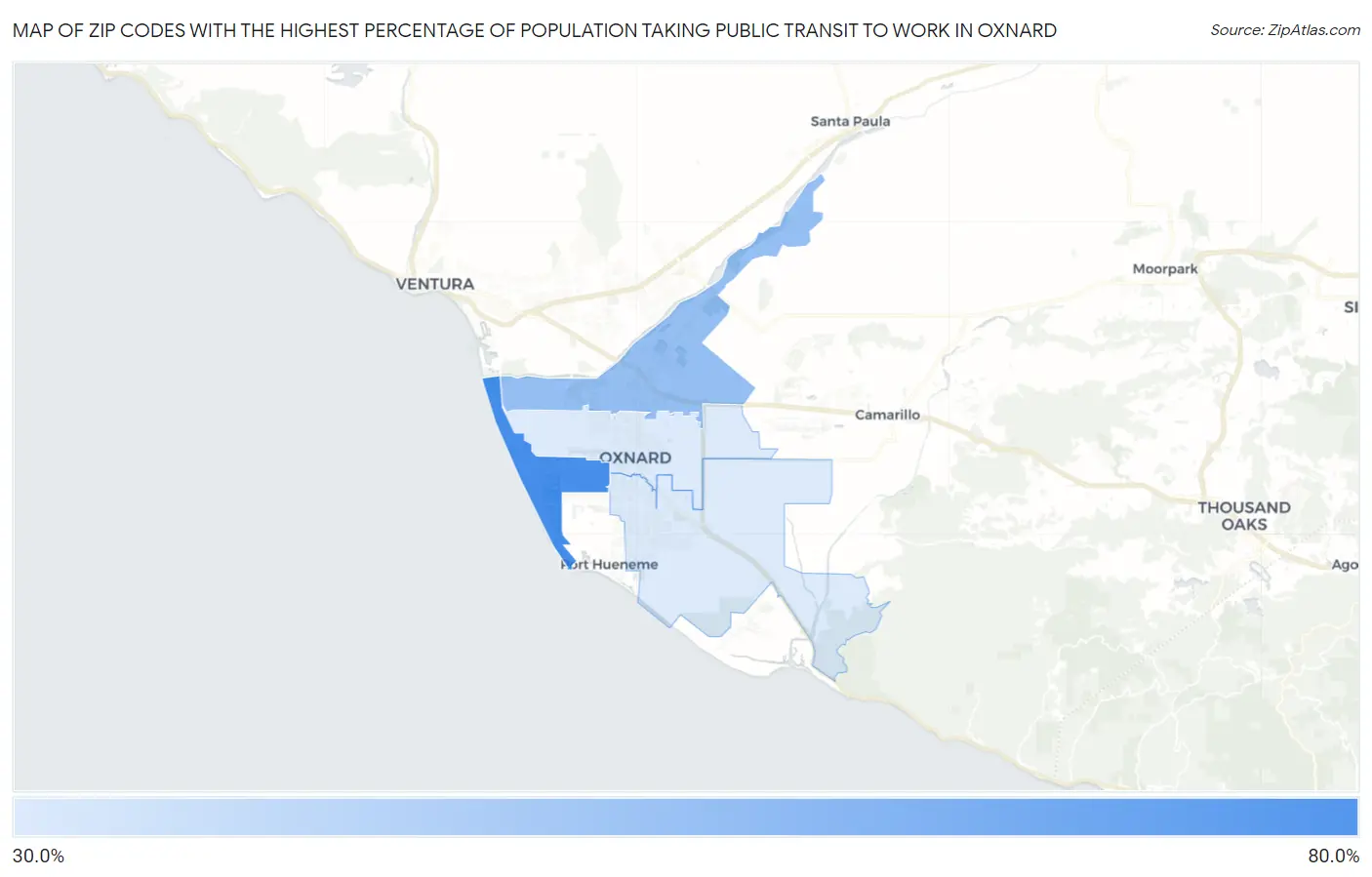 Zip Codes with the Highest Percentage of Population Taking Public Transit to Work in Oxnard Map