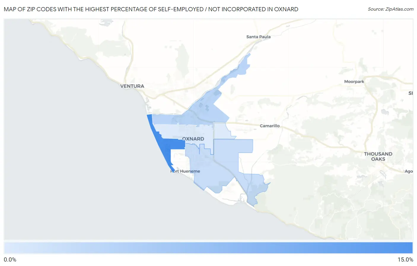 Zip Codes with the Highest Percentage of Self-Employed / Not Incorporated in Oxnard Map
