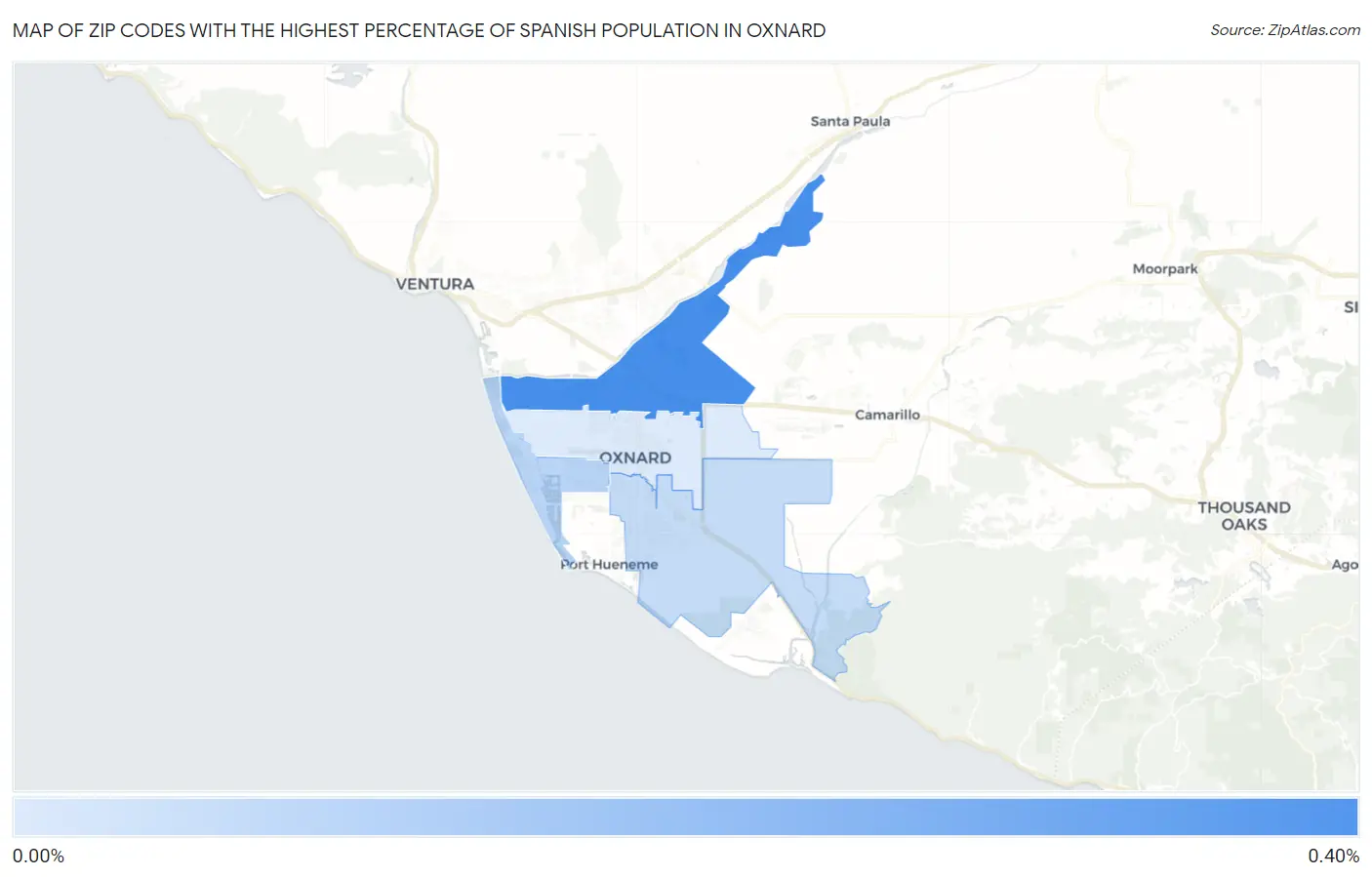 Zip Codes with the Highest Percentage of Spanish Population in Oxnard Map