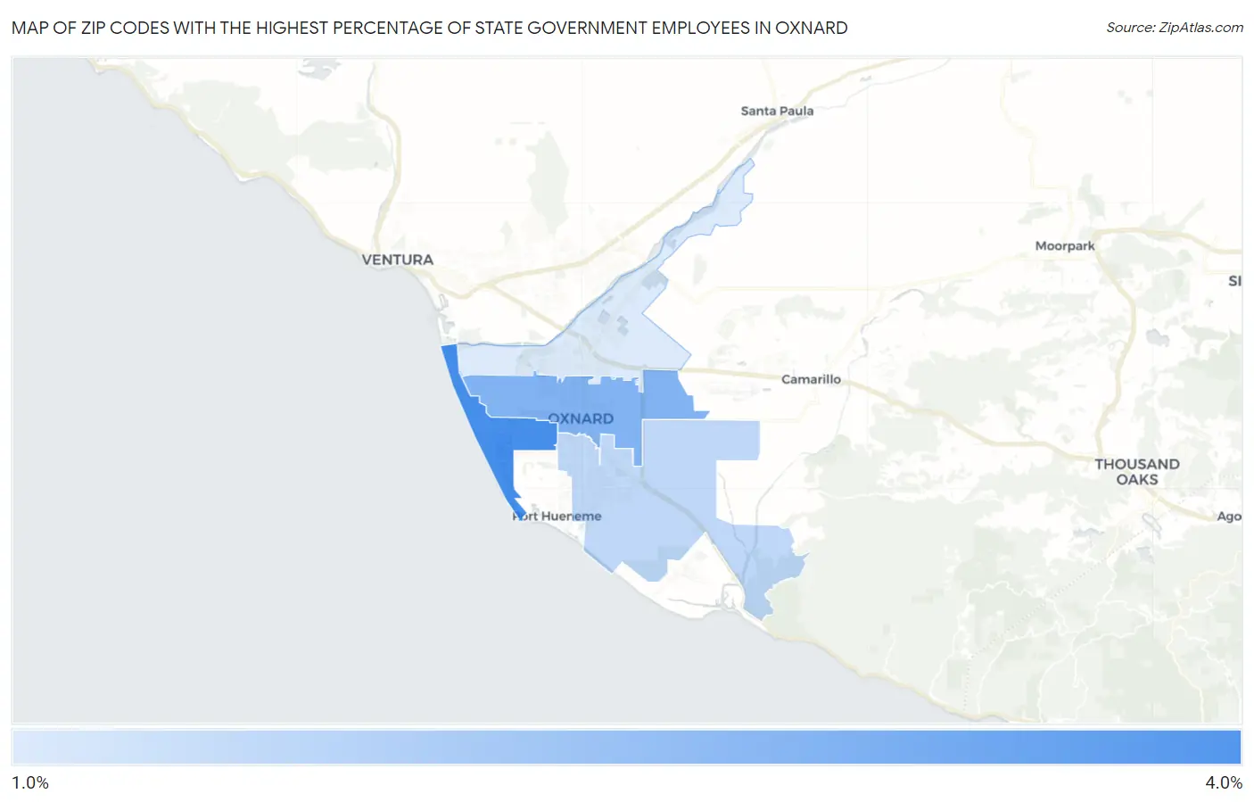 Zip Codes with the Highest Percentage of State Government Employees in Oxnard Map
