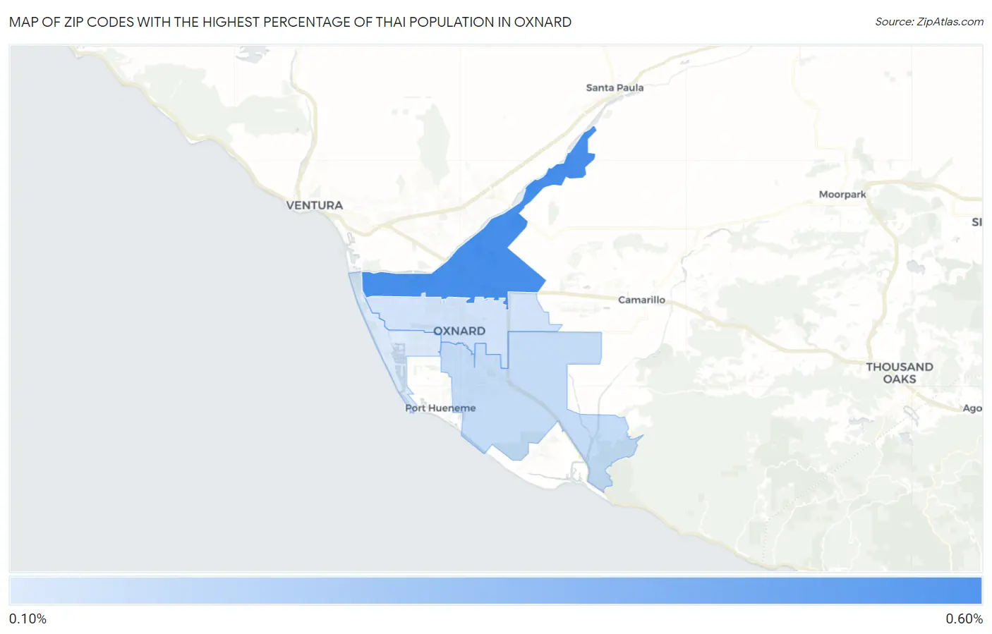 Zip Codes with the Highest Percentage of Thai Population in Oxnard Map