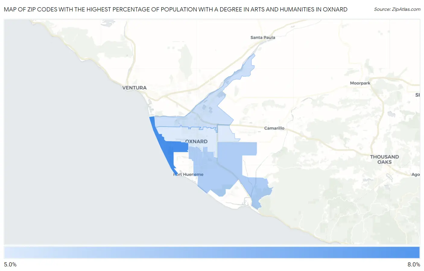 Zip Codes with the Highest Percentage of Population with a Degree in Arts and Humanities in Oxnard Map