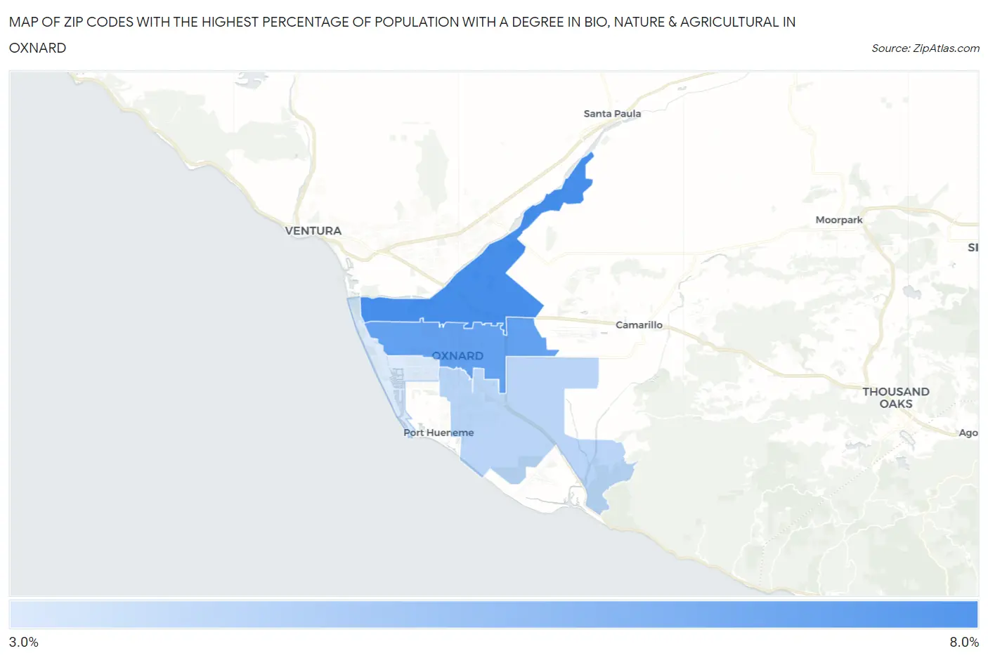 Zip Codes with the Highest Percentage of Population with a Degree in Bio, Nature & Agricultural in Oxnard Map