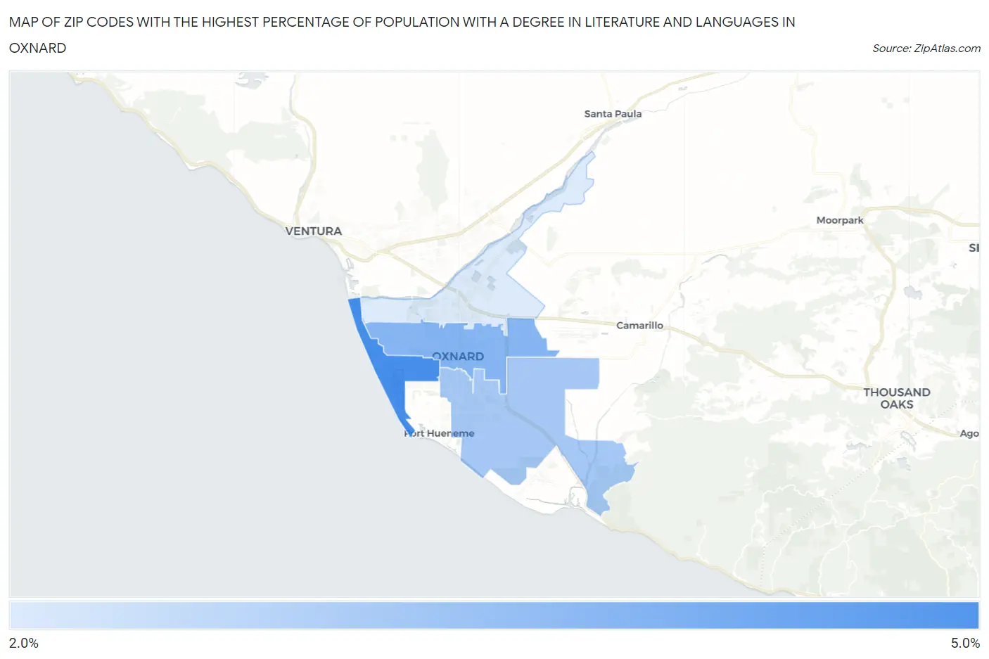 Zip Codes with the Highest Percentage of Population with a Degree in Literature and Languages in Oxnard Map