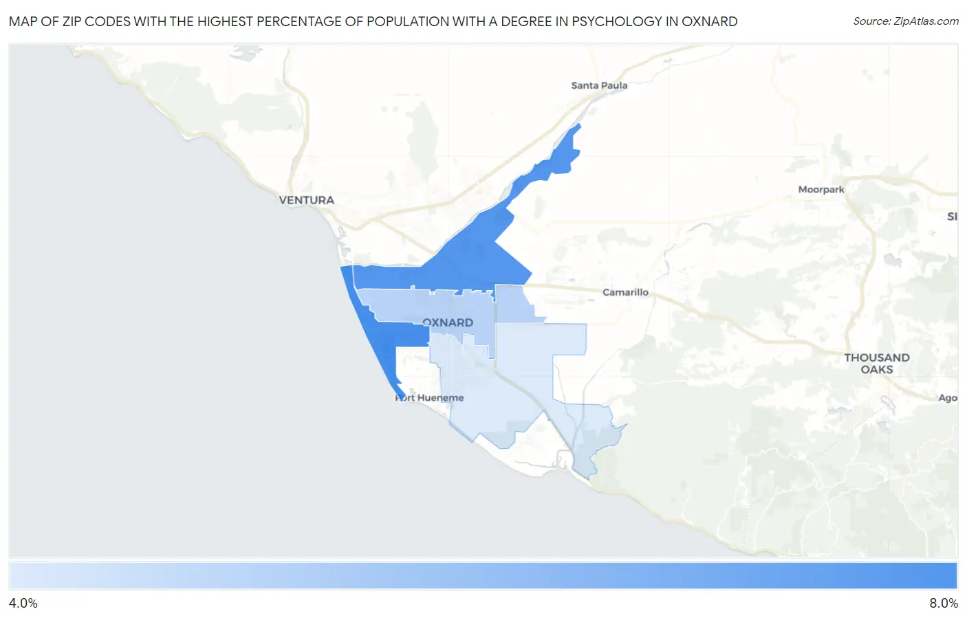 Zip Codes with the Highest Percentage of Population with a Degree in Psychology in Oxnard Map