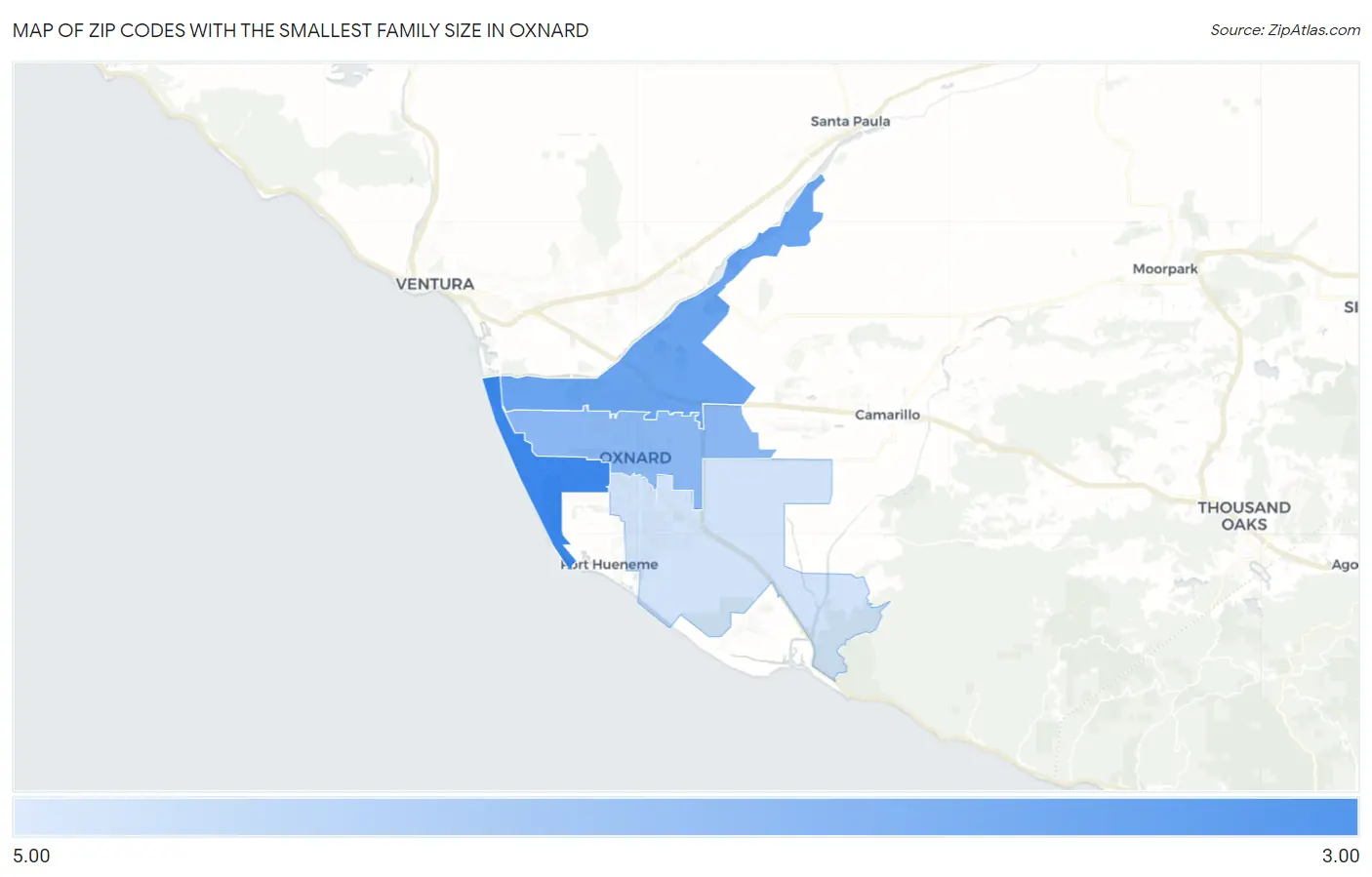 Zip Codes with the Smallest Family Size in Oxnard Map