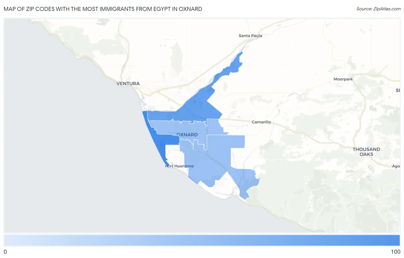 Zip Codes with the Most Immigrants from Egypt in Oxnard Map