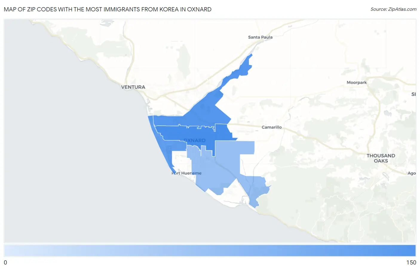 Zip Codes with the Most Immigrants from Korea in Oxnard Map
